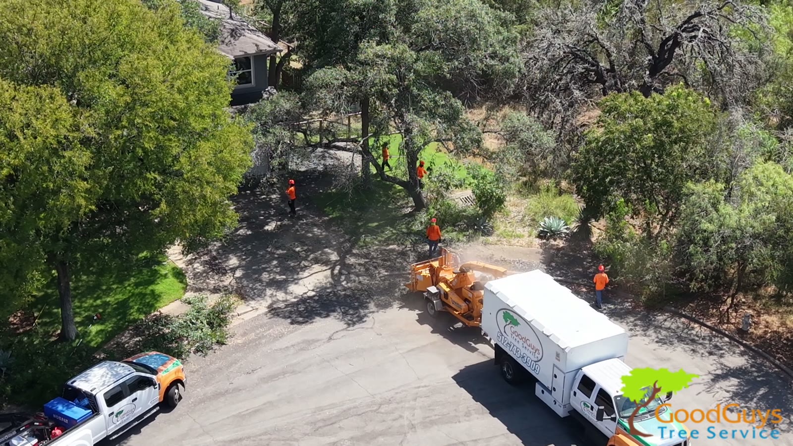 Aerial view of the GoodGuys Tree Service crew and equipment working in Austin, Texas.