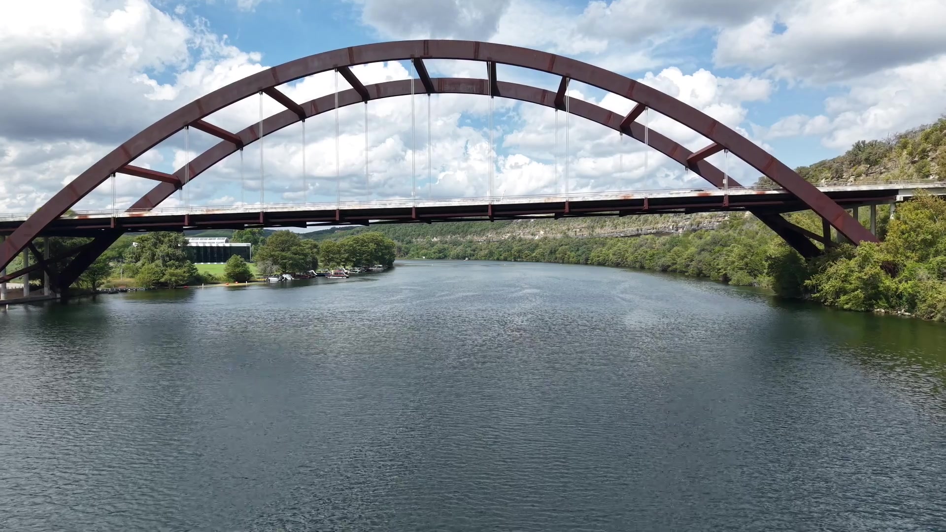 Aerial view of Pennybacker Bridge spanning Lake Austin in Austin, Texas.
