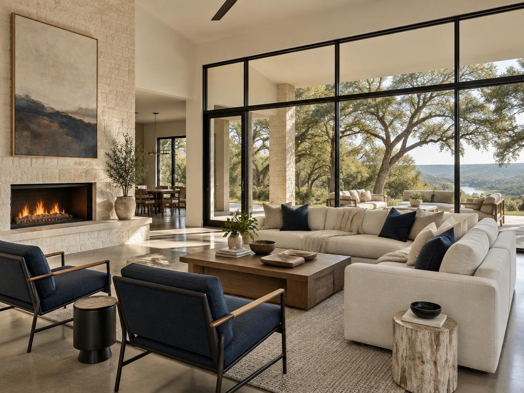 Interior of a Hill Country home with floor-to-ceiling windows, shown as a 3D virtual tour