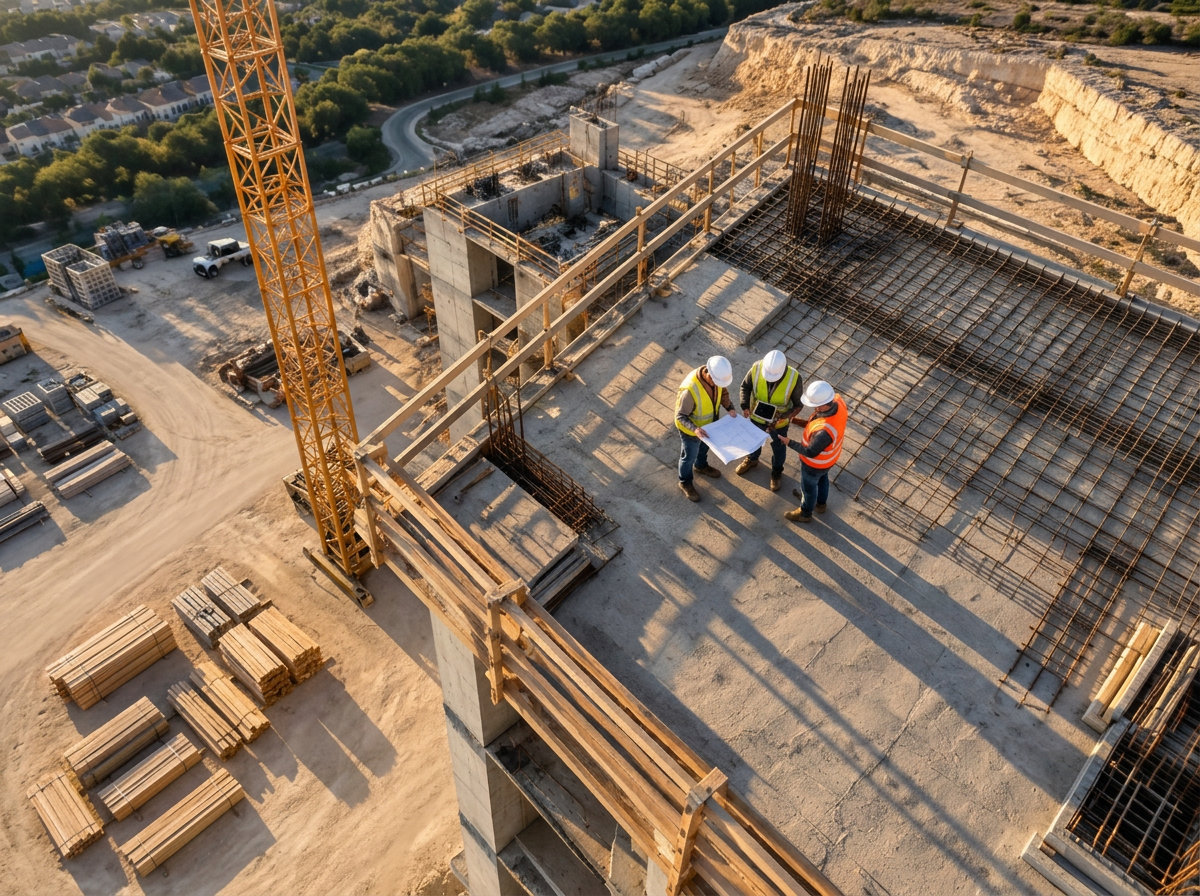 Aerial view of three construction team members reviewing plans on a concrete deck
