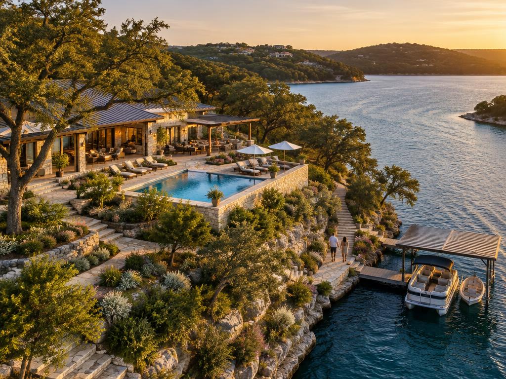 Aerial view of a lakeside resort with a pool and private dock on a Central Texas lake