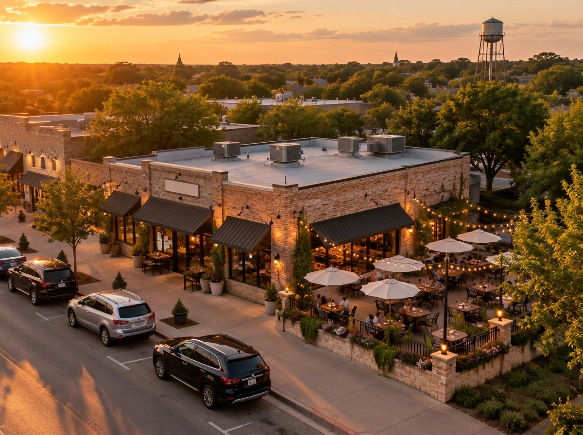Aerial view of a small local restaurant with outdoor seating at golden hour