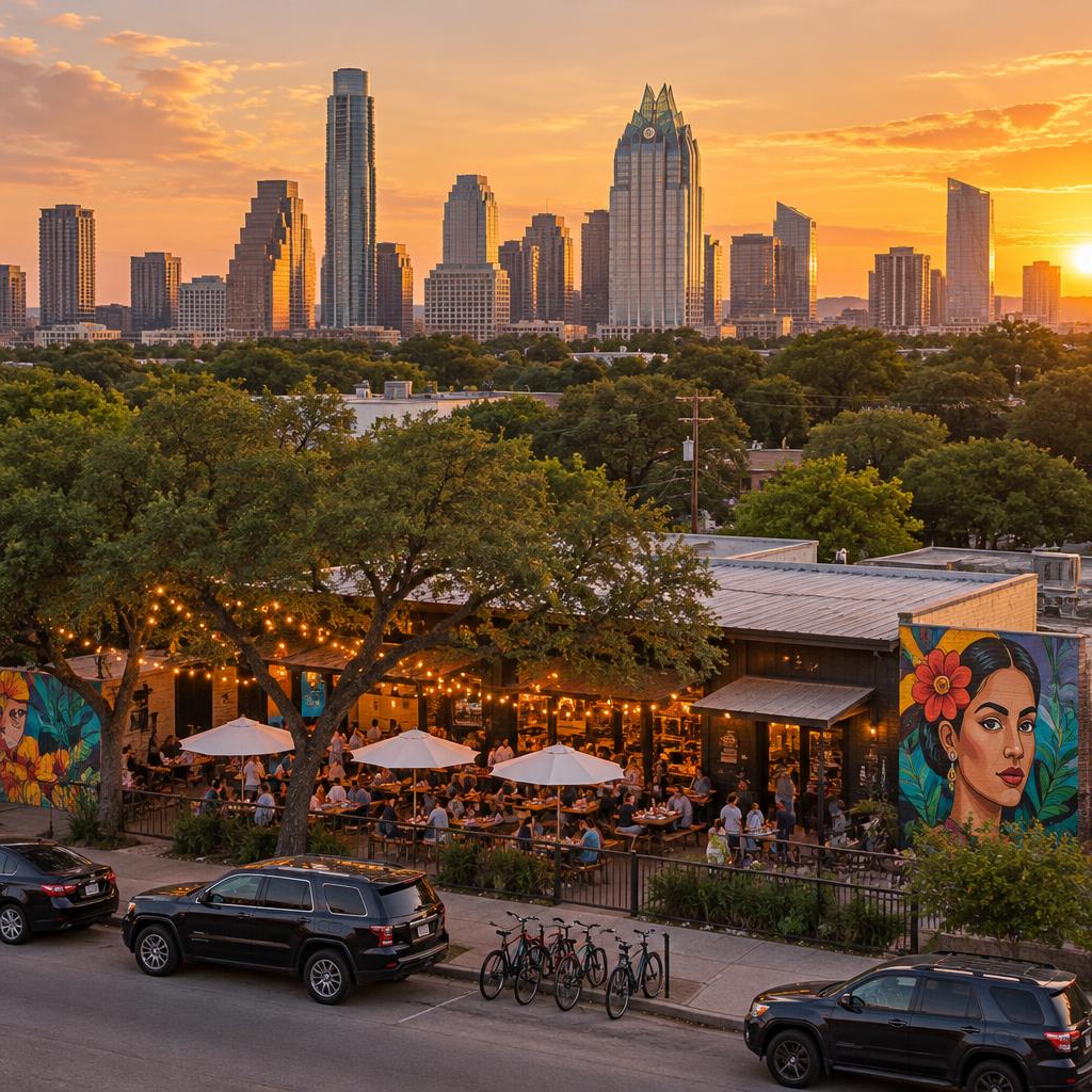 Restaurant patio with string lights and a mural, with the downtown Austin skyline at sunset behind it.