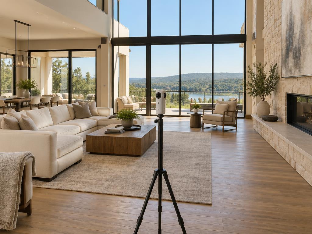 Bright living room with floor-to-ceiling windows and a 3D camera on a tripod, illustrating a Matterport scan.