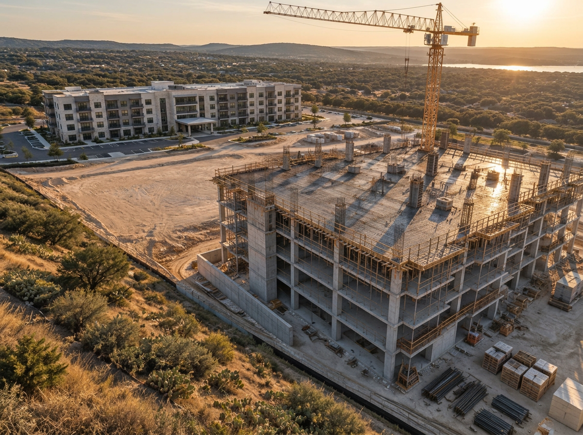 Aerial view of a multistory building under construction beside a tower crane at sunset.
